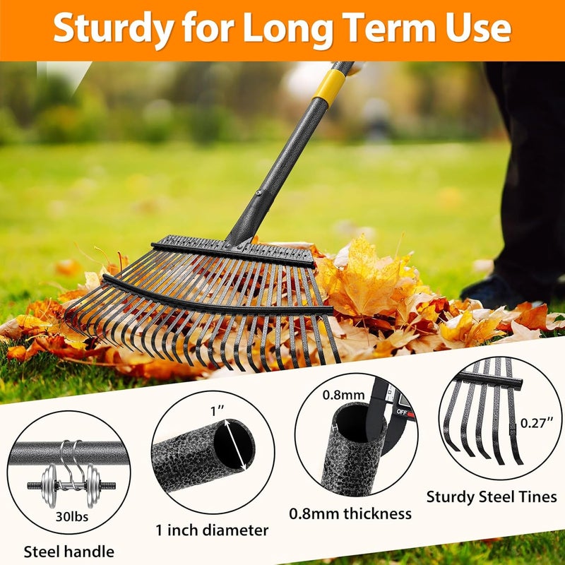 PoPoHoser Rake, Garden Rake for Leaves, Heavy Duty Metal Leaf Rakes with 37-65 inch Adjustable Steel Handle, 25 Tines 18" Wide Rake Garden Tools for Lawns Yard Flower Bed Grass Mulch Shrub Camping Gardening - Image 4